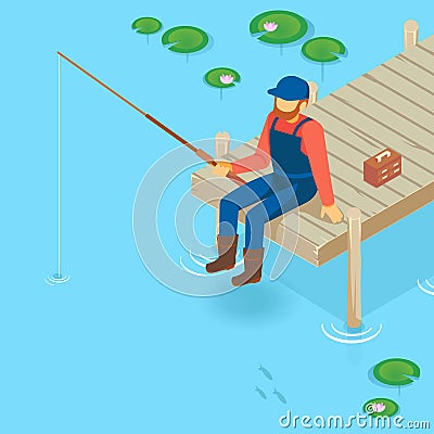 Isometric vector vacation on the lake. Pier on the lake, river, pond. sitt Vector Illustration